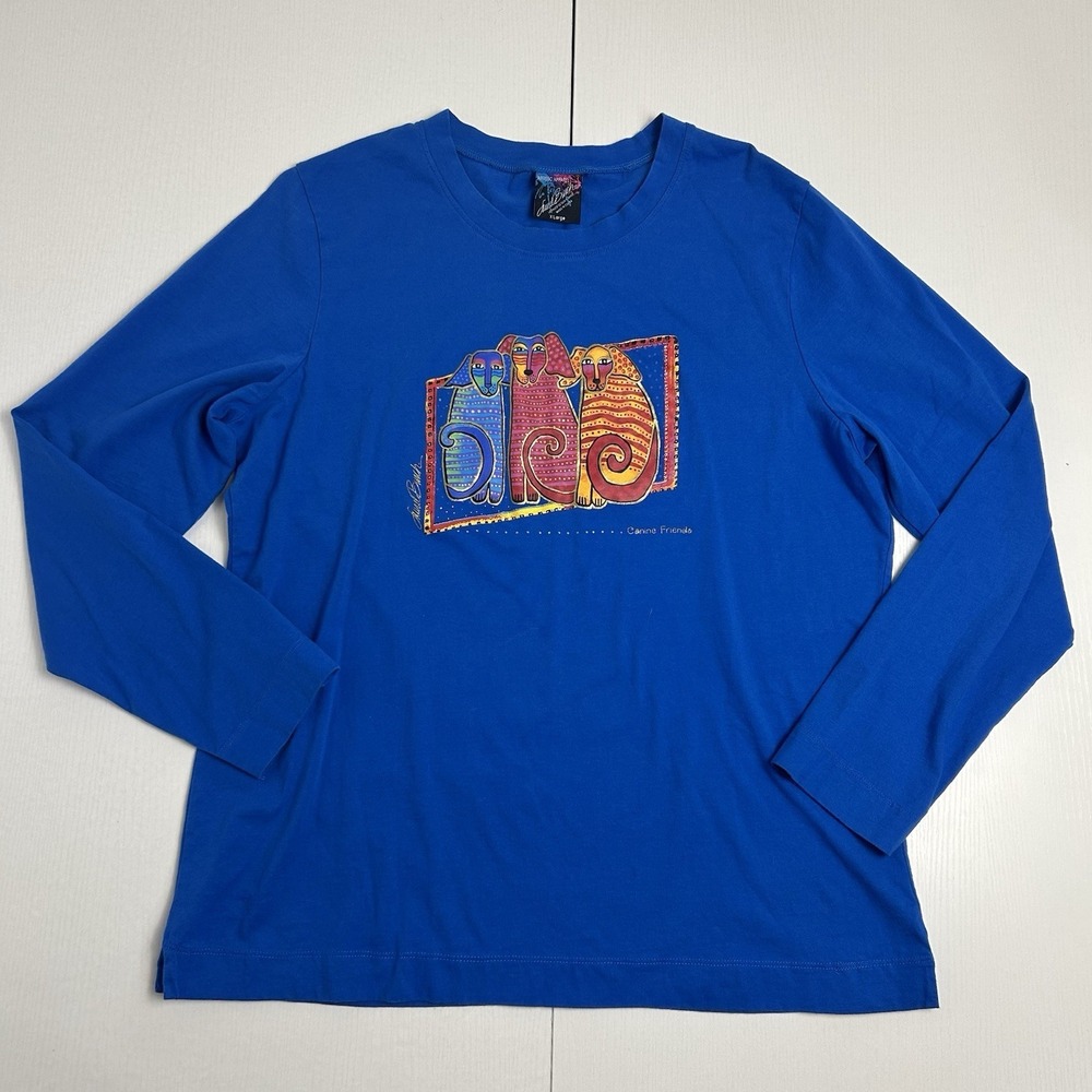 Laurel Burch Dog "Canine Friends" Long Sleeve T Shirt XL Blue 100% Cotton Puppy
